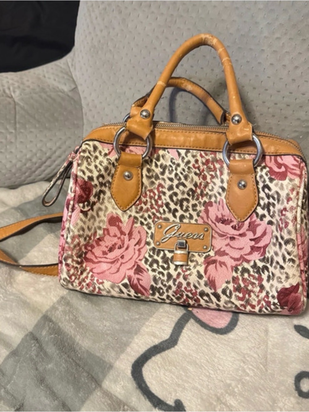 Guess Pink Floral & Leopard-Print Satchel with Tan Trim